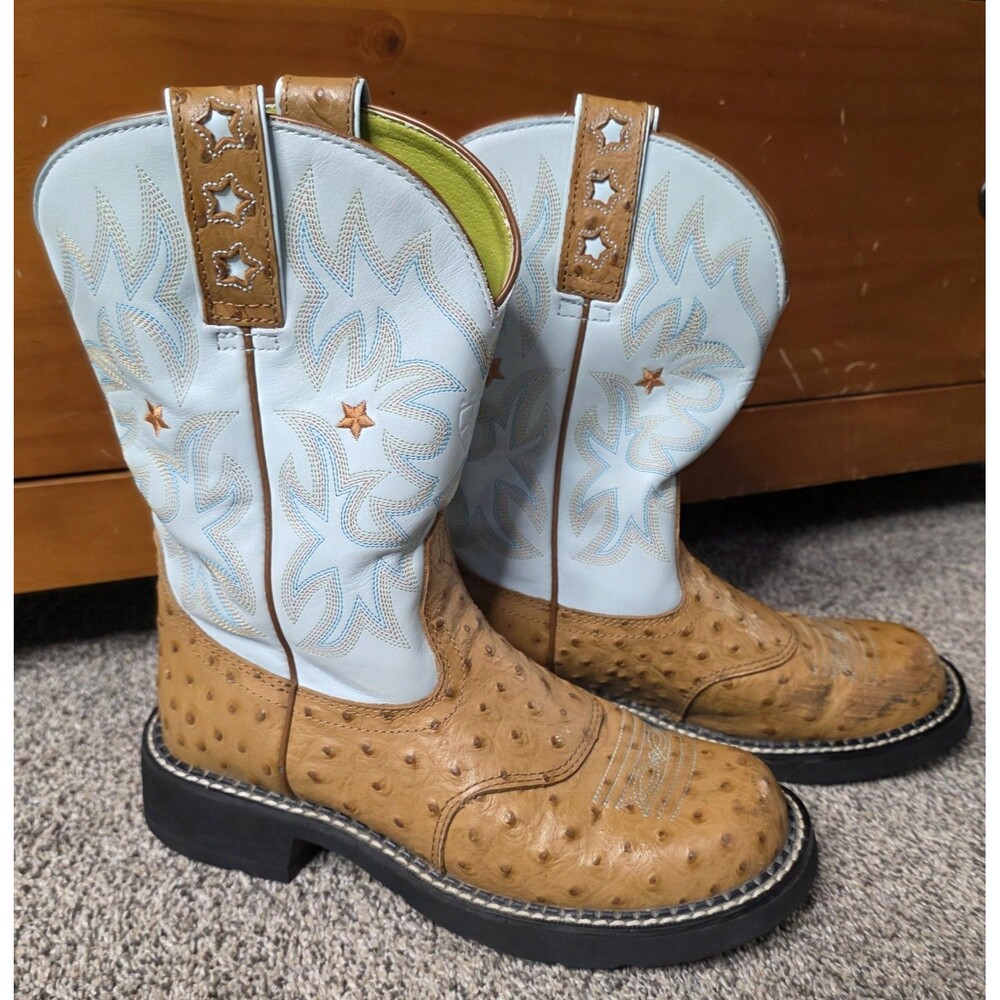 Ariat Boots Cowboy Ostrich Print Blue Brown Western 16729 Cowgirl Outdoor